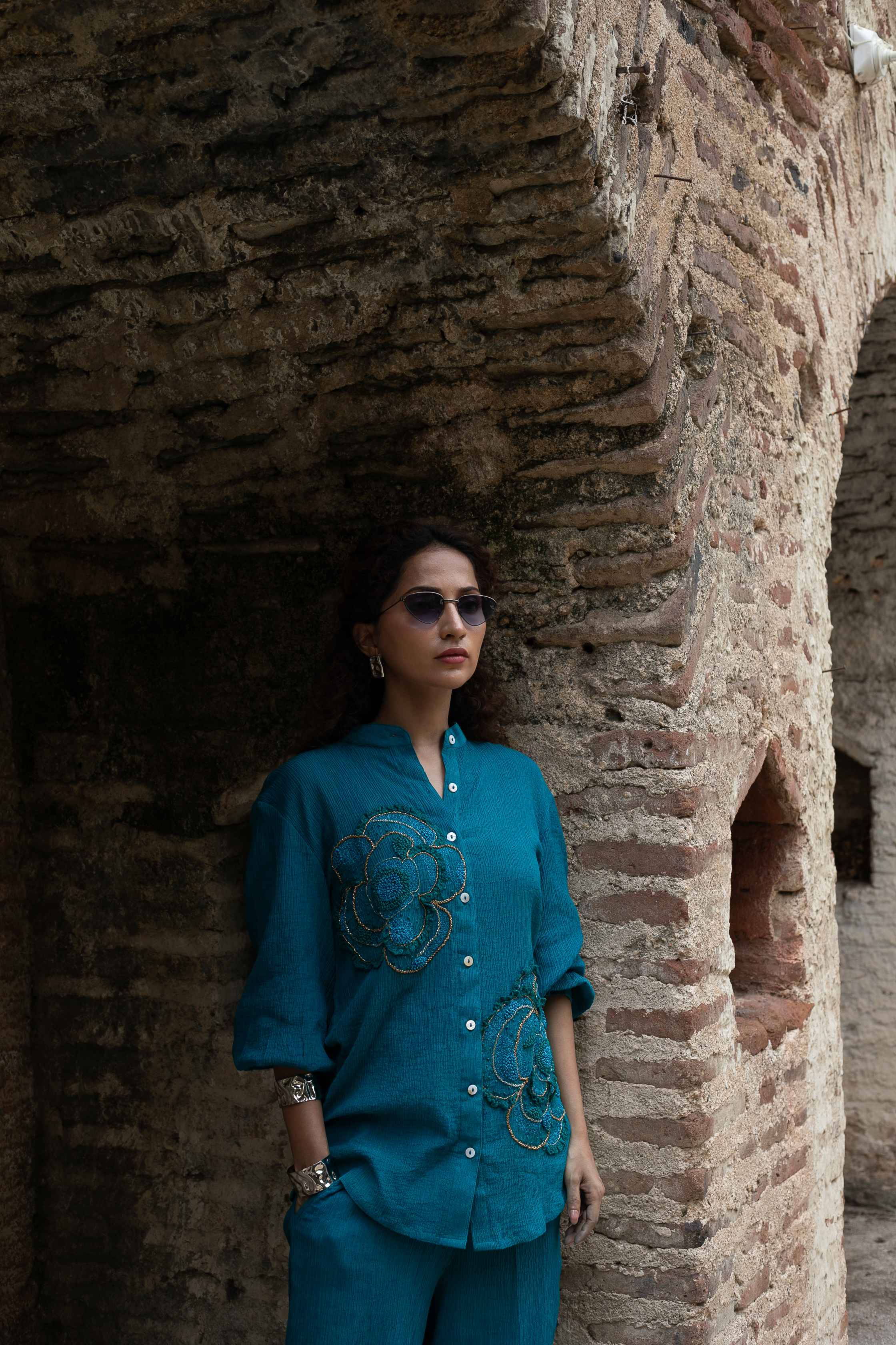 Teal Flora Hand Embroidered Co-ord Set