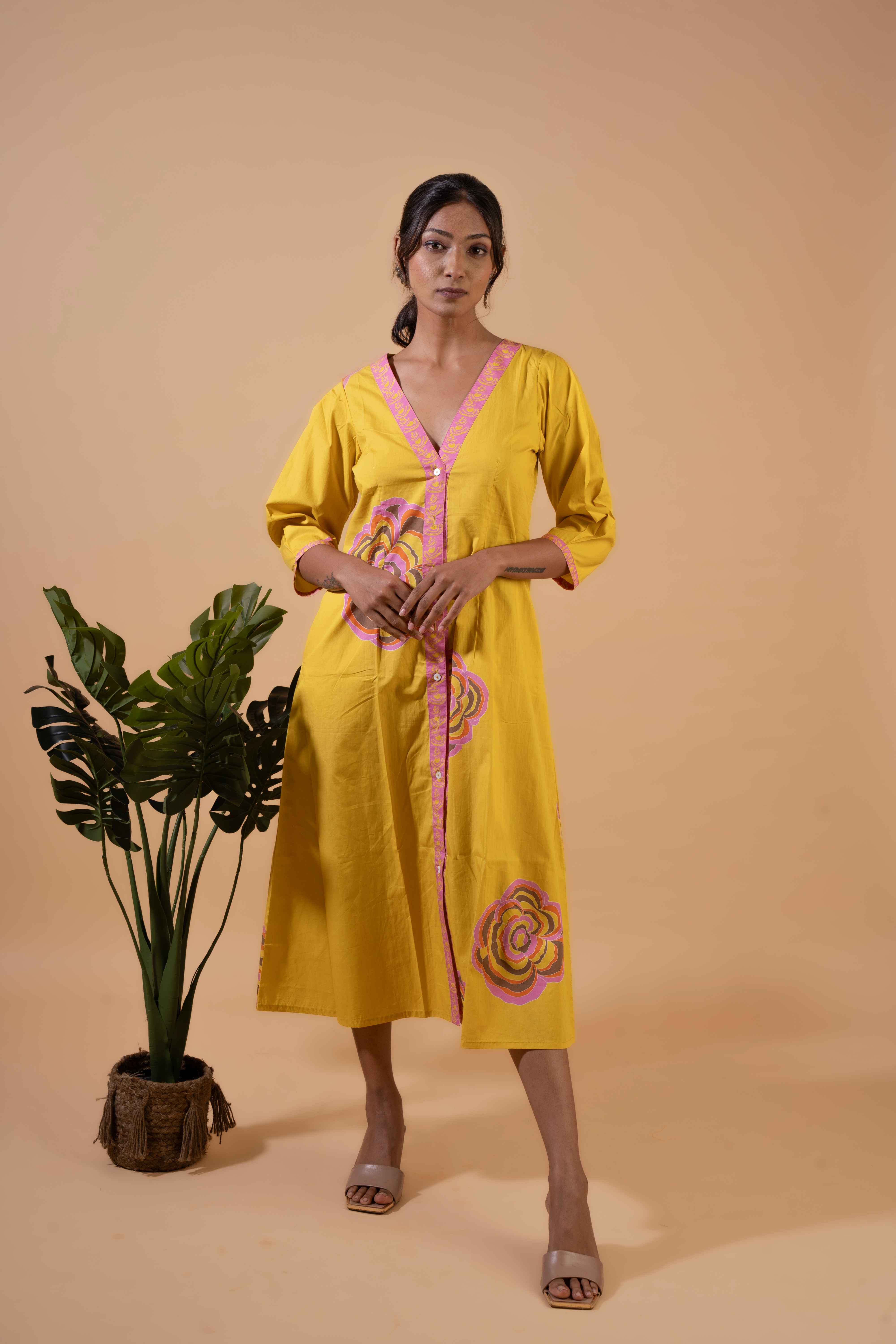 Golden Bloom Button-Down Dress