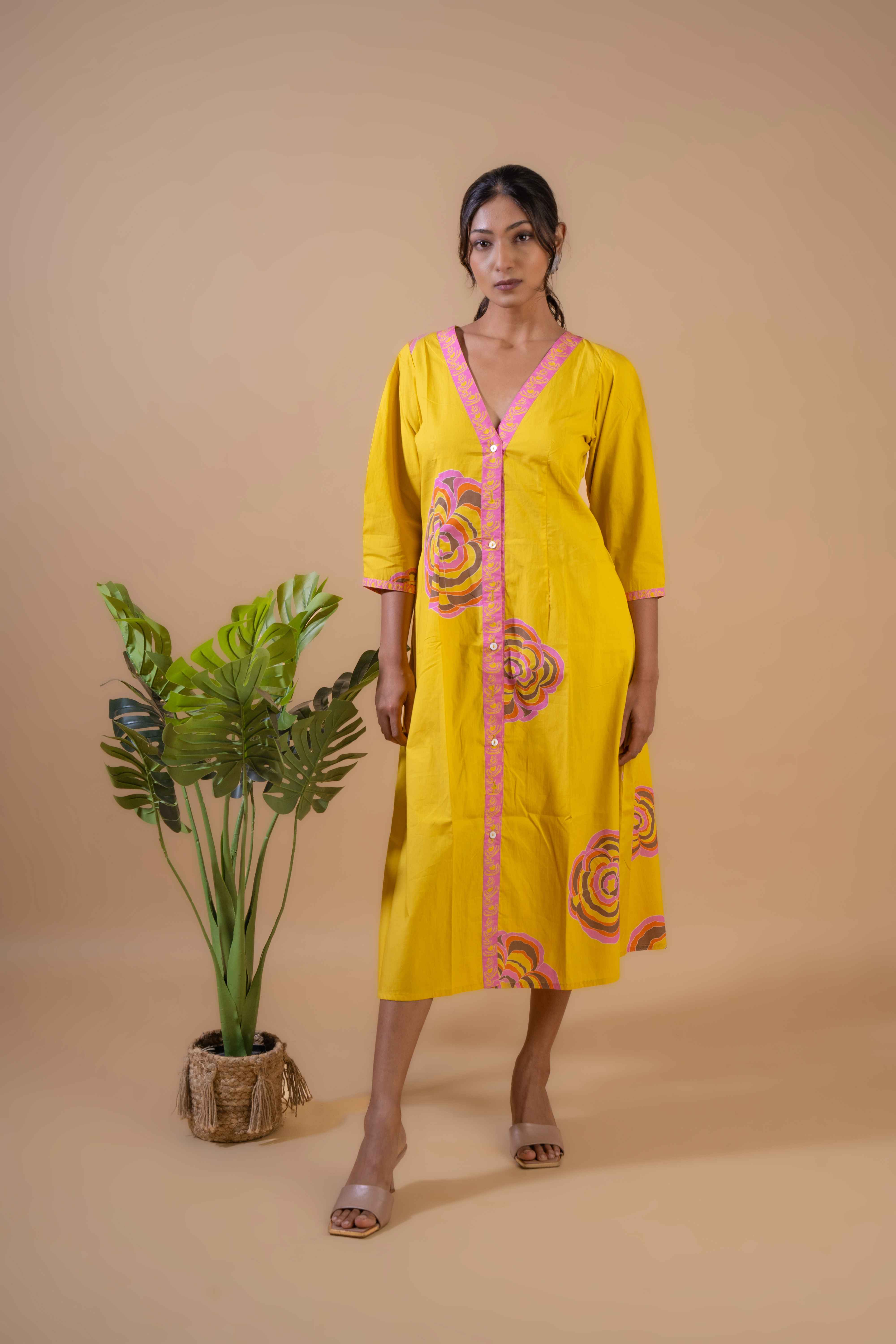 Golden Bloom Button-Down Dress