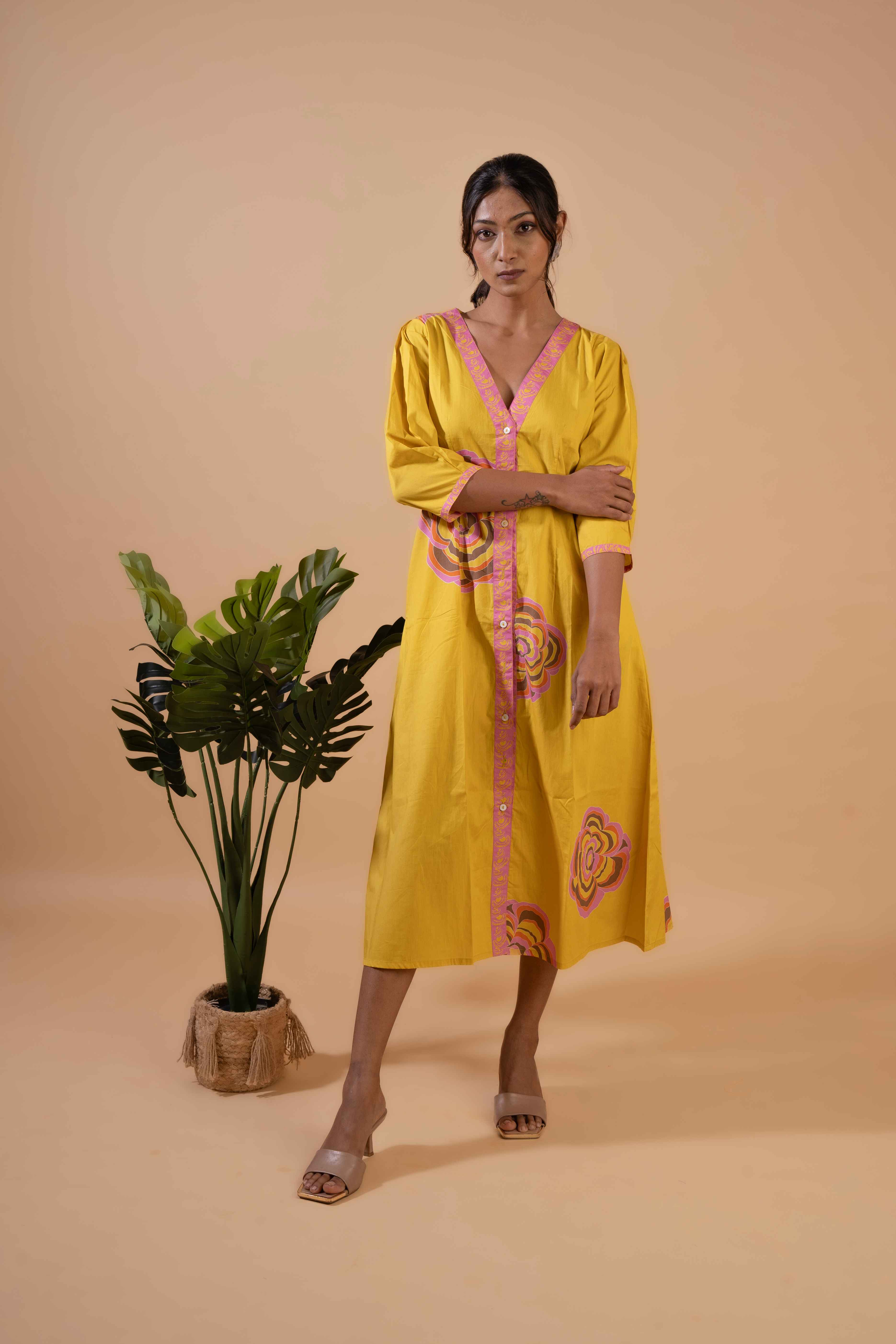 Golden Bloom Button-Down Dress