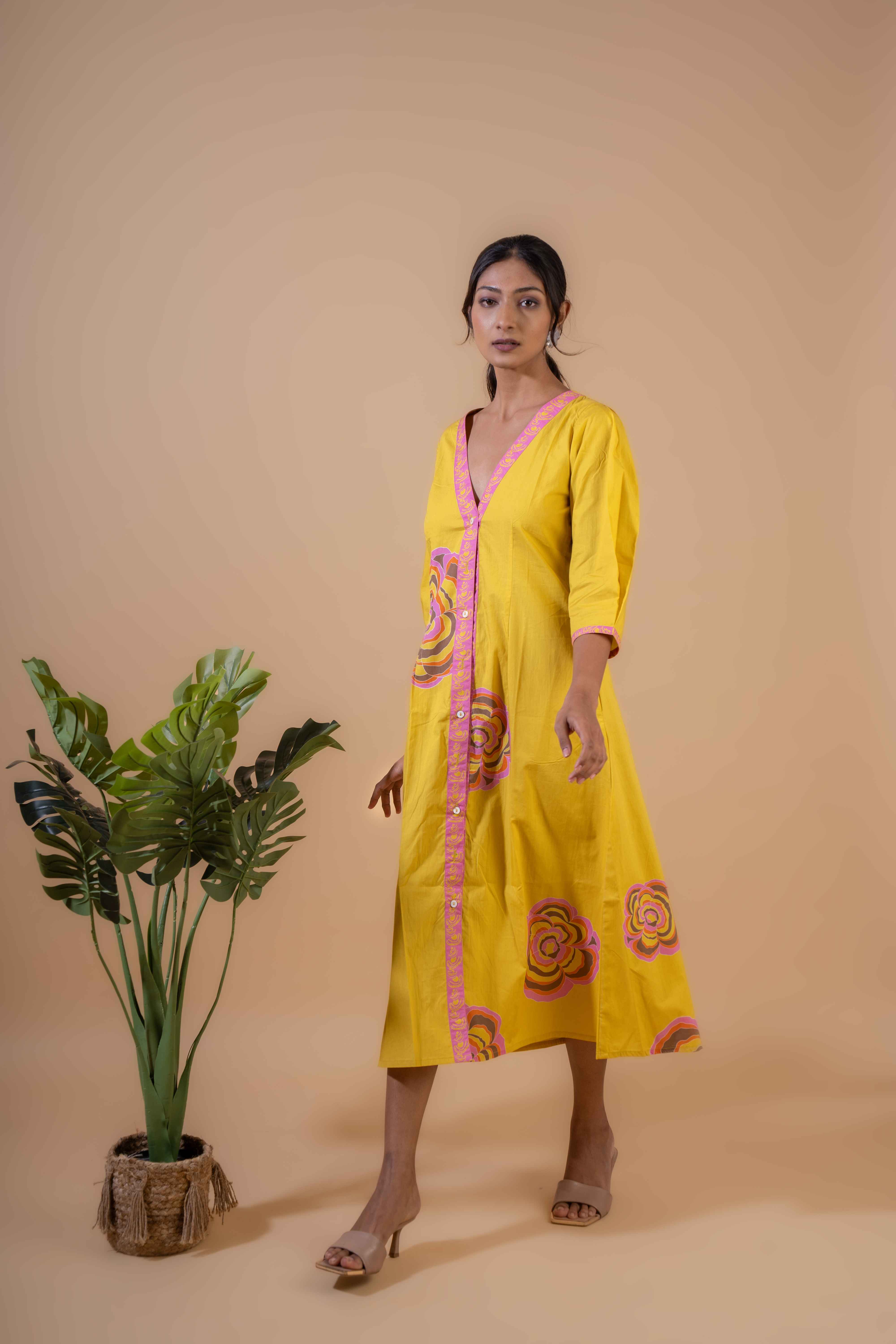 Golden Bloom Button-Down Dress