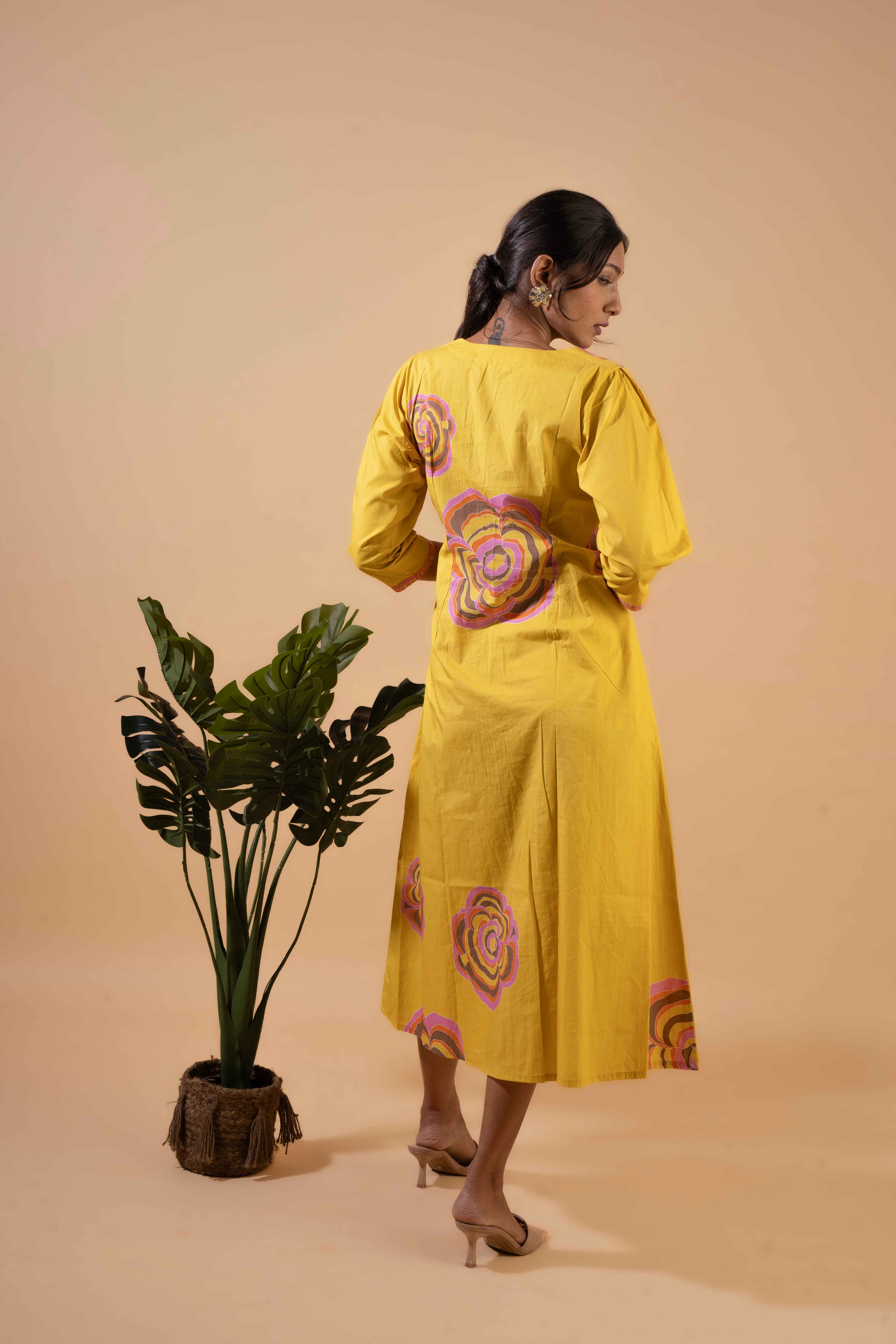 Golden Bloom Button-Down Dress