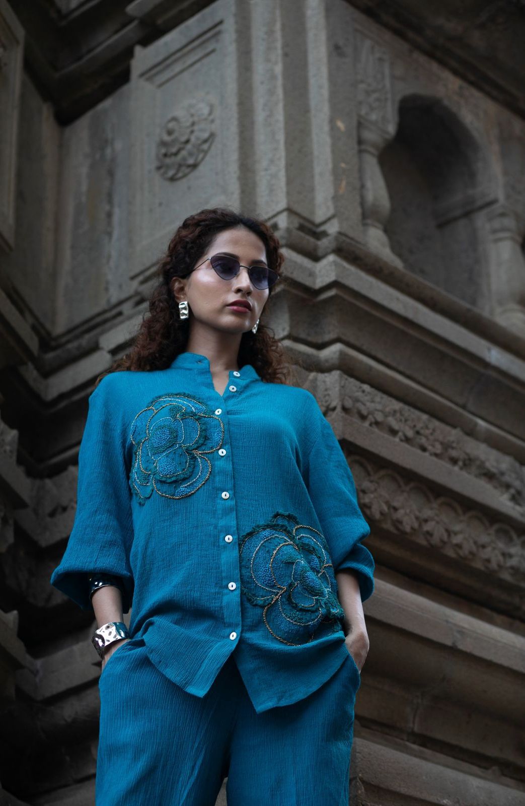Teal Flora Hand Embroidered Co-ord Set