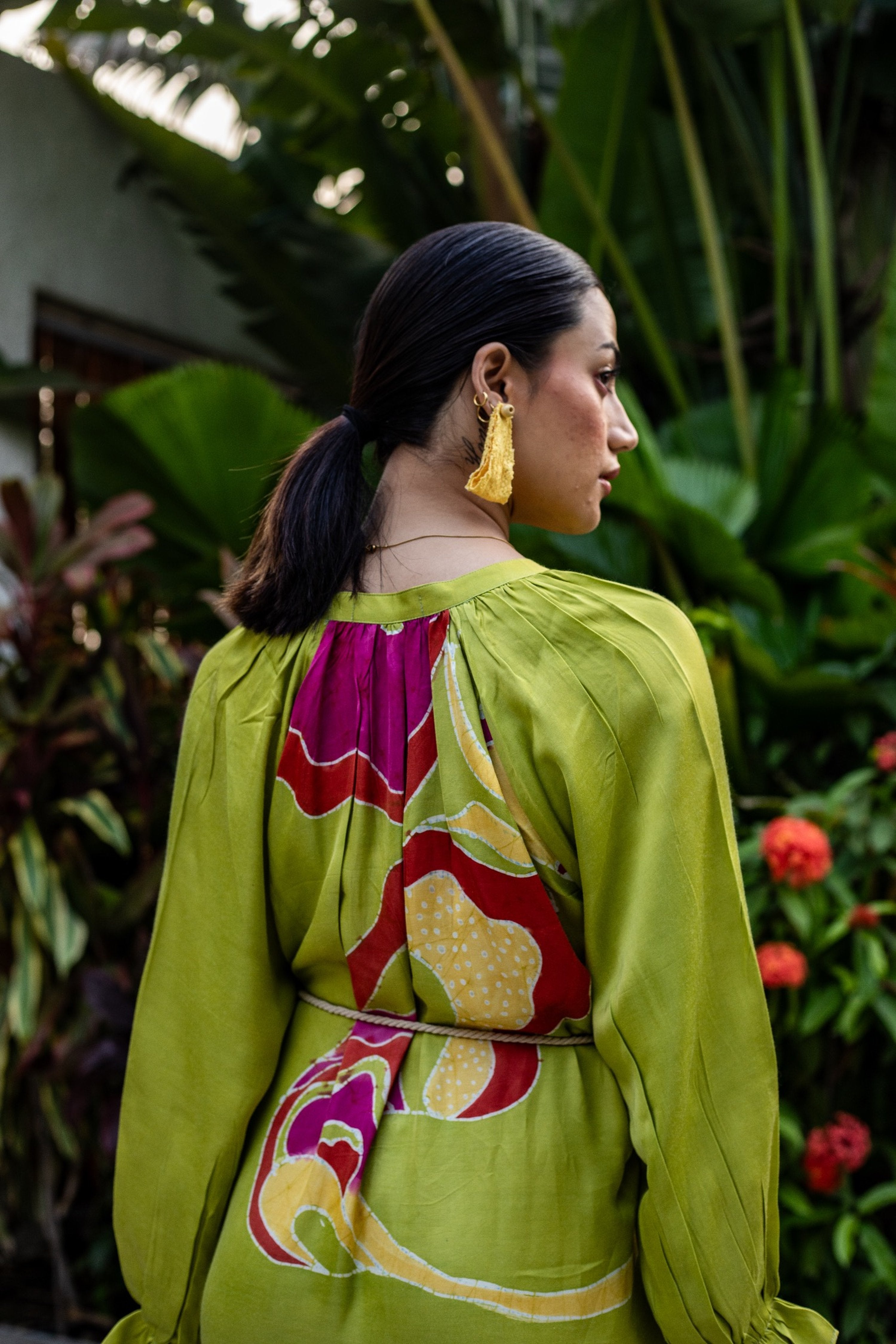 Olive Batik Cascade Dress